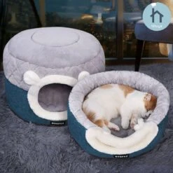 Dubbelzijdige Honden- En Kattenmand – Superzacht En Luxe – Wasbaar – Fluffy – Honden En Kattenkussen – Slaapzak – Medium – Blauw/Grijs 50x50x36 Cm